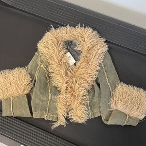Windsor Olive Jean Jacket with Faux Fur Trim